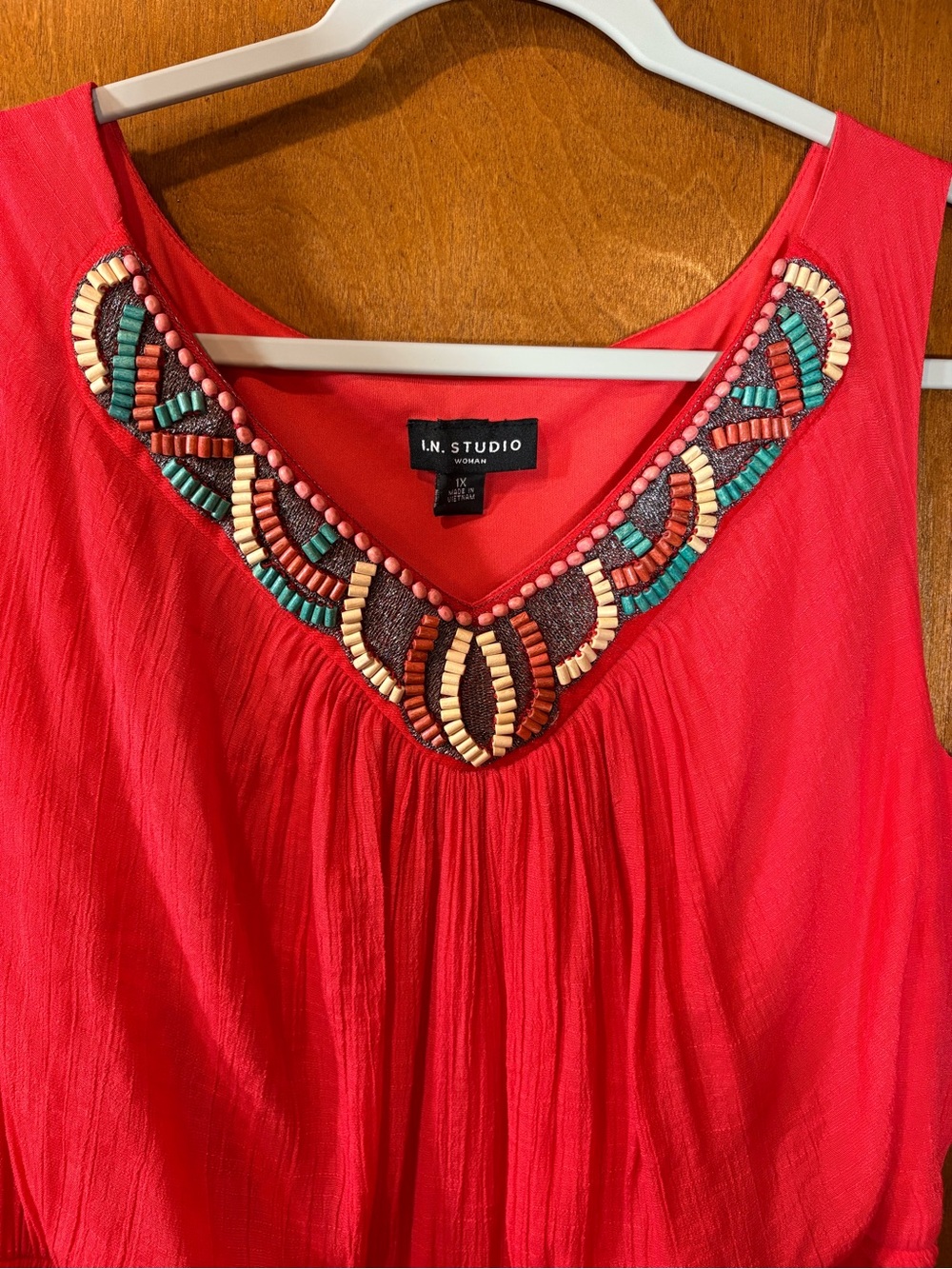 I.N. Studio Red Maxi Dress with Multicolor Beaded Neckline